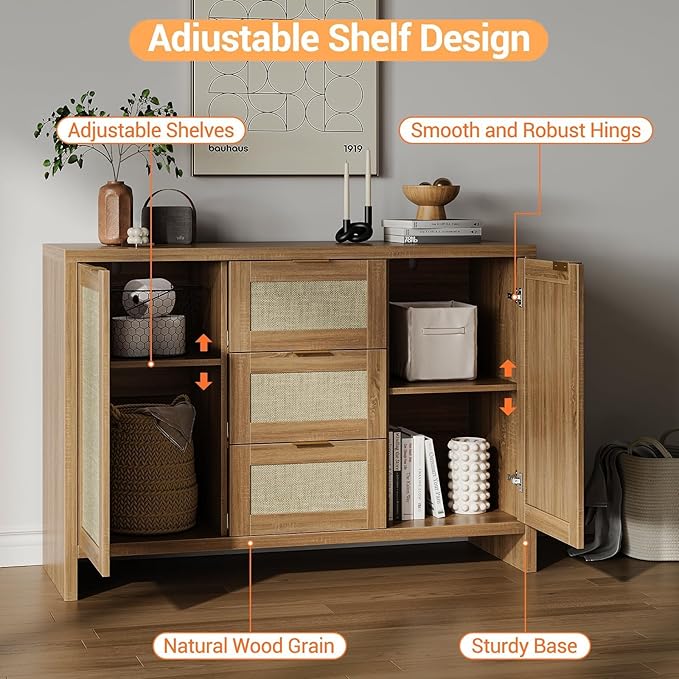 Modern Rattan Buffet Cabinet Sideboard with Storage,47" Boho Credenza Buffet Console Table with Drawers&Doors,Wooden Coffee Bar Cabinet for Entryway/Living Room/Farmhouse(Natural Oak,1pc)