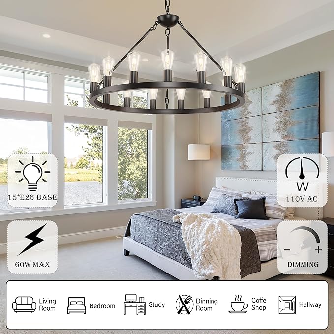 32 inch Black Wagon Wheel Chandelier 15-Light Farmhouse Round Wheel Chandeliers Hanging Light Fixture Outdoor Wagon Wheel Chandelier for Porch for High Ceilings Dining Room