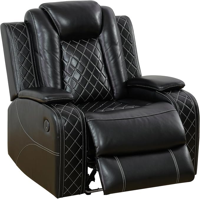 Breathing Leather Power Reclining Chair, Leather Reclining Sofa Couch Chair for Living Room, Single Recliner with USB Ports/LED Lighting for Bedroom/Office/Home Theater (Black, Recliner Chair)