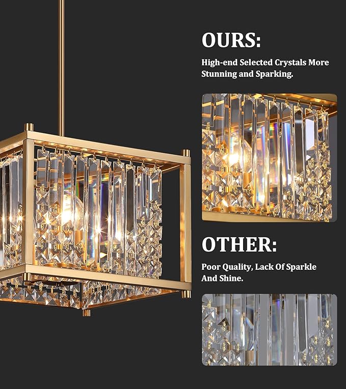 Q&S Gold Chandelier,Modern Industrial Gold Square Crystal Chandeliers 4 Lights Hanging Pendant Light Fixture for Dining Room Hallway Entryway Kitchen Island UL Listed