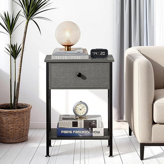 VECELO Night Stand Set of 2, End Tables with Drawer, 2-Tier Bedside Tables with X Shaped, Side Table Stand with Storage Shelf for Living Room/Bedroom,Dark Gray