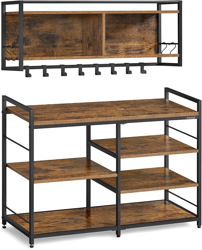 VASAGLE Hall Tree with Shoe Bench, Coat Rack Shoe Bench Set, Entryway Furniture, Multifunctional, 12 Metal Hooks, 4-Tier Shoe Rack, for Entryway, Bedroom, Rustic Brow ULSB107K01