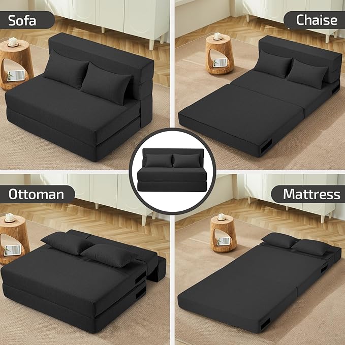SUYOLS Folding Sofa Bed with Pillows- Convertible Chair Floor Couch & Sleeping Mattress, Foldable Memory Foam Sleeper for Living Room/Dorm/Guest Room/Home Office/Apartment/Loft, Twin, Dark Gray