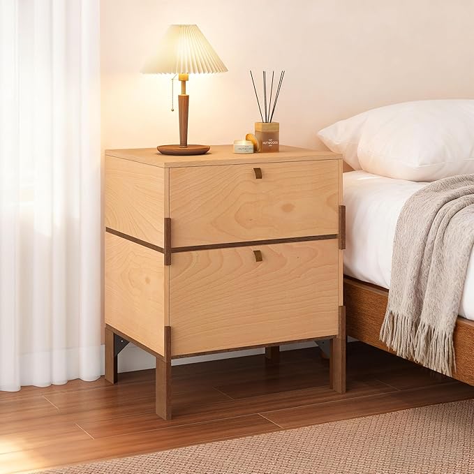 23" Night Stand, Easy Assembly Bedside Table with 2 Storage Drawers, Mid-Century Style Wood End Table for Bedroom, Dormitory, Beech Color (1 pcs)
