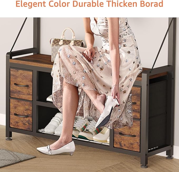 39" Hall Tree with Storage Coat Rack freestanding Entryway Furniture Bench, 5 in 1 Design Front Door Shoe Rack and Wall Rack Hooks, and 4 Drawers (Rustic Brown)