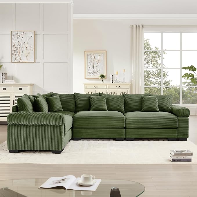 KEIKI 117" L-Shaped Oversized Corduroy Modular Cloud Sectional Sofa with High-Density Foam Cushion, Extra-Thick Armrest, Convertible 4-Seater Fluffy Corner Couch with 14 Pillow, for Living Room, Green