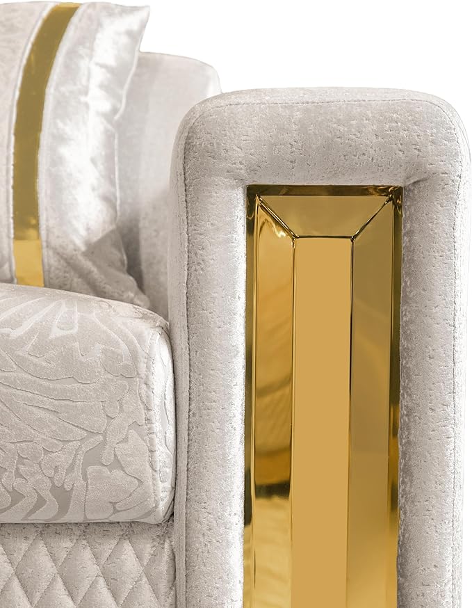 Furniture of America Samison II Glam 2-Piece Solid Wood Upholstered Sofa Set with Accent Pillows, Damask Pattern and Gold Base, Comfortable Couch and Loveseat for Living Room, Bedroom, Office, Beige