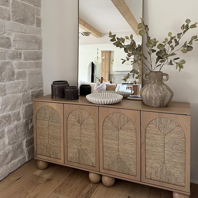 Nathan James Leah Boho TV Stand or Sideboard Cabinet for Kitchen or Living Room with Ball-Style Feet, Natural Seagrass Door Fronts and Solid Wood Legs, Raw Oak, Set of 2