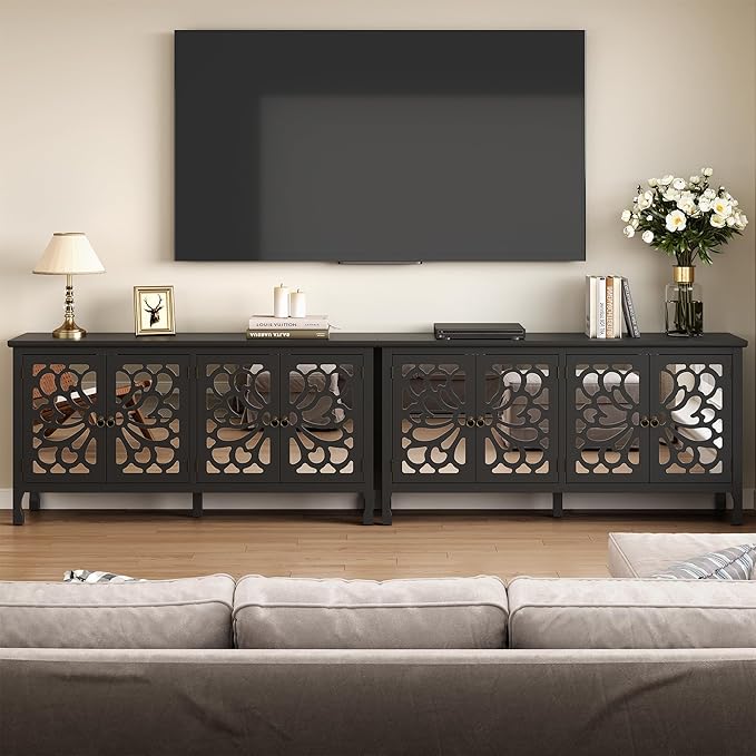 63" Carved Buffet Cabinet with Mirrored Door, Modern Console Cabinet with Storage and Adjustable Shelves, Wood Media Cabinet for Entryway, Living Room, Bedroom, Dining Room, Bathroom (Black)