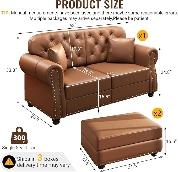 KEIKI 63" Faux Leather Chesterfield Sofa with Rolled Arms & Nailhead Trim & 2 Ottoman, 2-Seater Button Tufted Couch with High Resilience Cushion & 2 Pillow, Easy Assembly, for Living Room, Brown