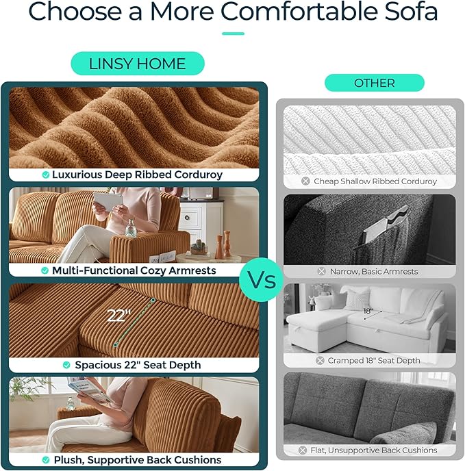 LINSY HOME Sectional Sleeper Sofa Pull Out Couches for Living Room (Brown, Sleeper Sofa 3) | Pull Out Sofa Bed, Storage, USB Charging, Cup Holders, Plush Corduroy | Pull Out Sofa Bed, Storage, USB Charging, Cup Holders, Plush Corduroy