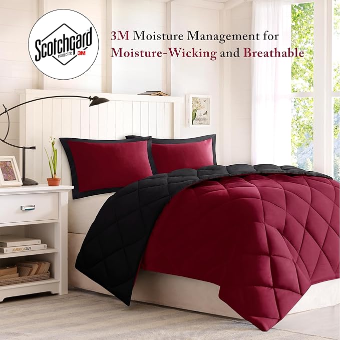 Madison Park Comforter Set, Reversible Down Alternative All Season Microfiber Bedding, 3M Scotchgard Stain Release, Twin/Twin XL Dorm Comforter, Red/Black