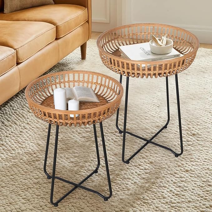 Oakrain Round Side Table, Nesting Tables Set of 2, Bamboo Coffee Table with Metal Base for Boho Living Room, Sofa, Bedroom, Terrace (20.47inch, Set of 2)