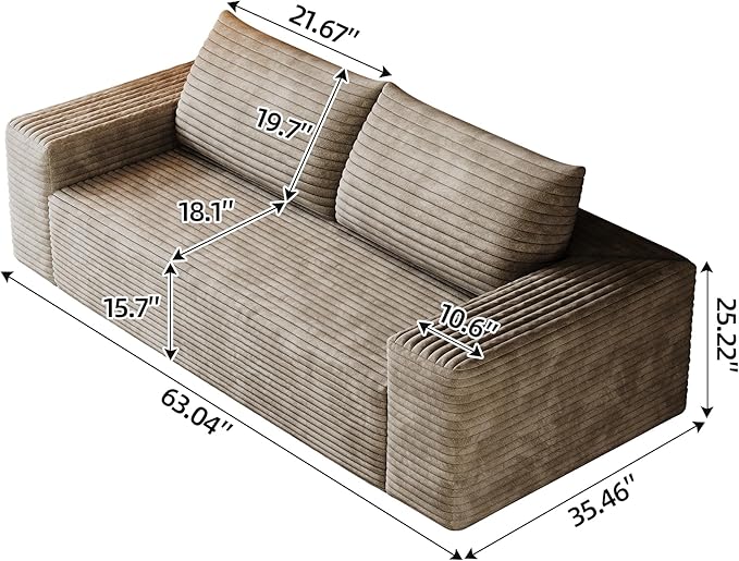 63" Cloud Loveseat Boneless Sofa Couch in a Box, No Assembly Required 2 Seater Foam Compression Couches, Modern Living Room Floor Sofa Couch Corduroy Small Love Seat | Breathable material