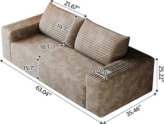63" Cloud Loveseat Boneless Sofa Couch in a Box, No Assembly Required 2 Seater Foam Compression Couches, Modern Living Room Floor Sofa Couch Corduroy Small Love Seat | Breathable material