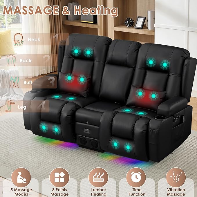 TUNYI Wall Hugger Loveseat Recliner Sofa with Console, Power Reclining Loveseat RV Couch with Massage & Heat/USB/Outlet/Storage/LED Light/Speaker (Black)