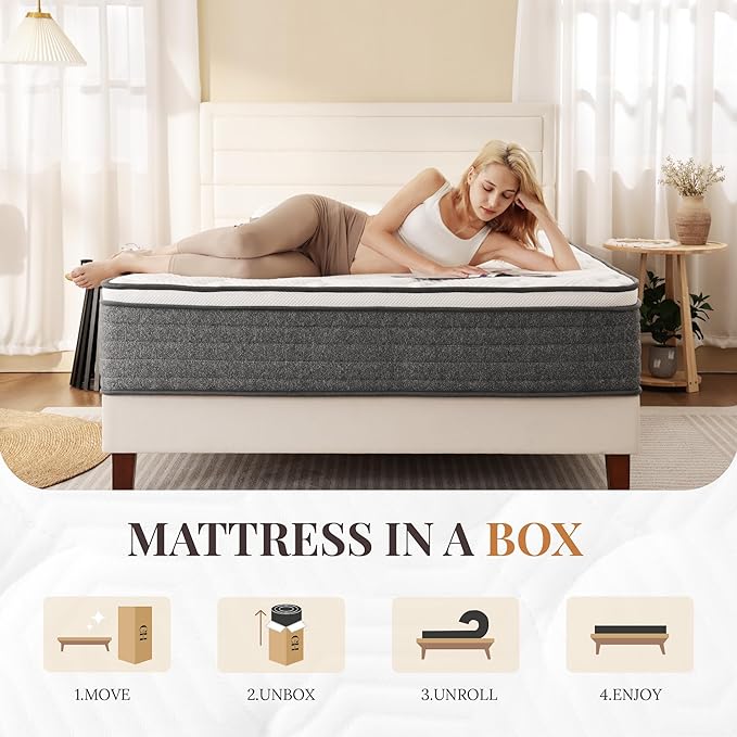 CH Charme House Twin Mattress, 12 Inch Twin Size Hybrid Mattress in a Box, Medium Feel Foam and Individual Pocket Springs, Extra Edge Support, Pressure Relief, CertiPUR-US, Grey