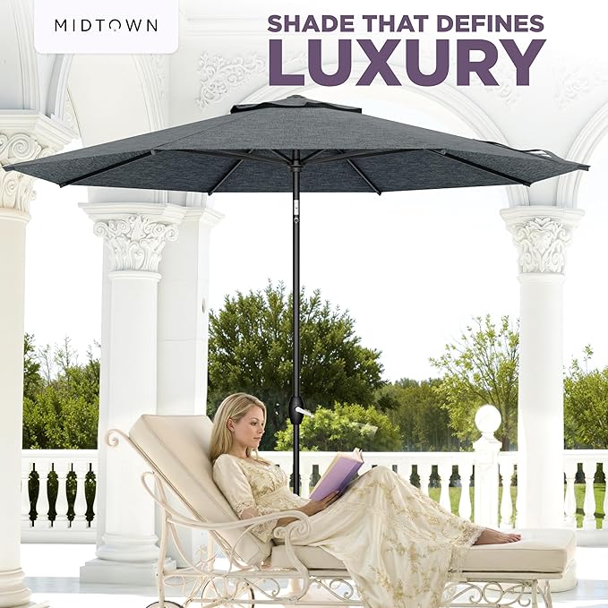 Midtown Umbrellas - The Lean 10 Ft Patio Umbrella with Fade-Resistant Sunbrella Fabric, Auto-Tilt Aluminum Frame and 8 Reinforced Ribs for Deck, Pool & Garden - Cast Slate Canopy, Black Pole
