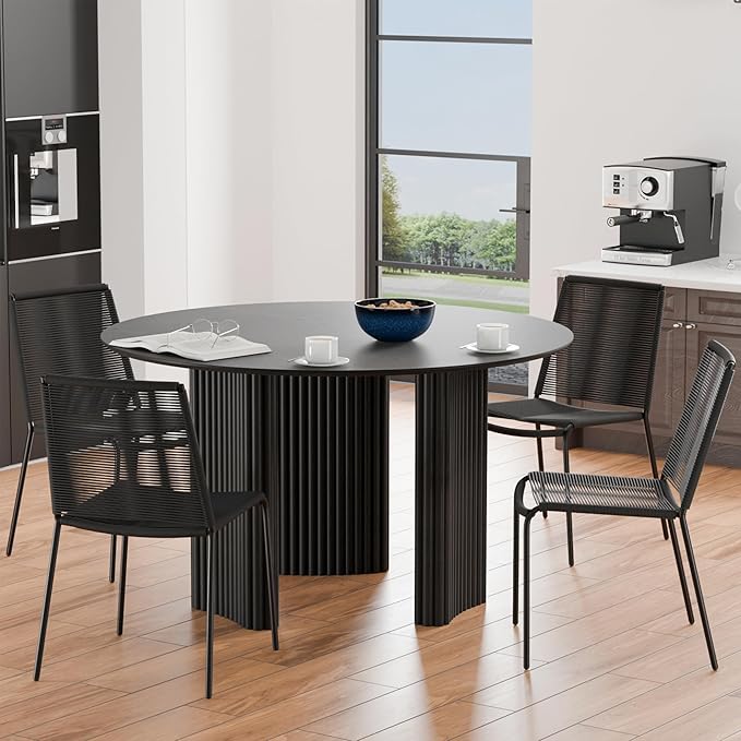 Casaphoria 46" Round Dining Table for 2-4, Farmhouse Style Small Table with Stripes Base, Easy Assembly for Living Room, Kitchen, Bar, Black