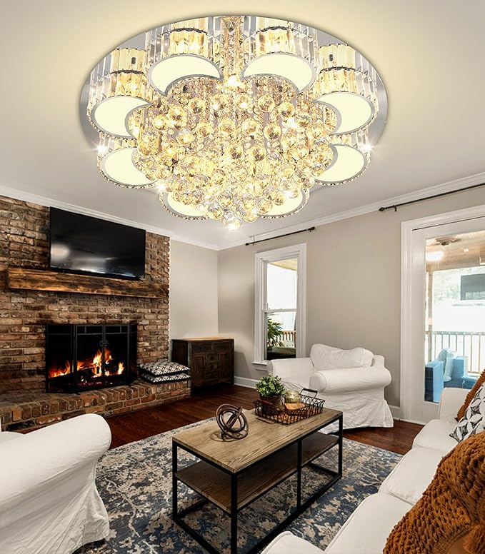 31.4'' Silver Modern Crystal Chandeliers for Dining Room LED Dimmable Light Fixtures Flush Mount Light Living Room Bedrooms