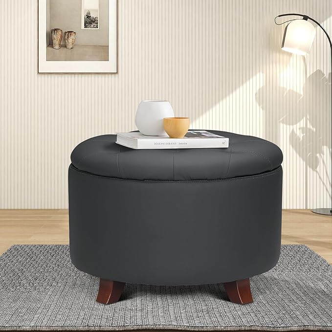 Athena Collection 24.5 Inch Small Ottoman with Storage, Round PU Leather Storage Ottoman Foot Rest with Removable Lid, Multipurpose Footstool Footrest for Livingroom, Bedroom, Dorm, Black
