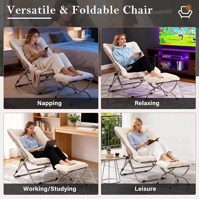 Saucer Chair with Ottoman, Oversized Dorm Chairs, X-Large Faux Fur Folding Chair, Foldable Metal Frame Chair for Bedroom, Living Room (Beige)