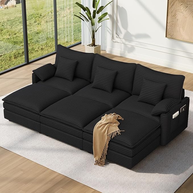 Vesgantti 108" Sectional Sleeper Sofa, 6-Seater Oversized Modular Cloud Couch with Movable Ottoman, Corduroy Large Sofa Bed Convertible Deep Seat Couches for Living Room, Bedroom and Apartment, Black | Sink-in Comfort, Height Adjustable, Easy Rearrange...