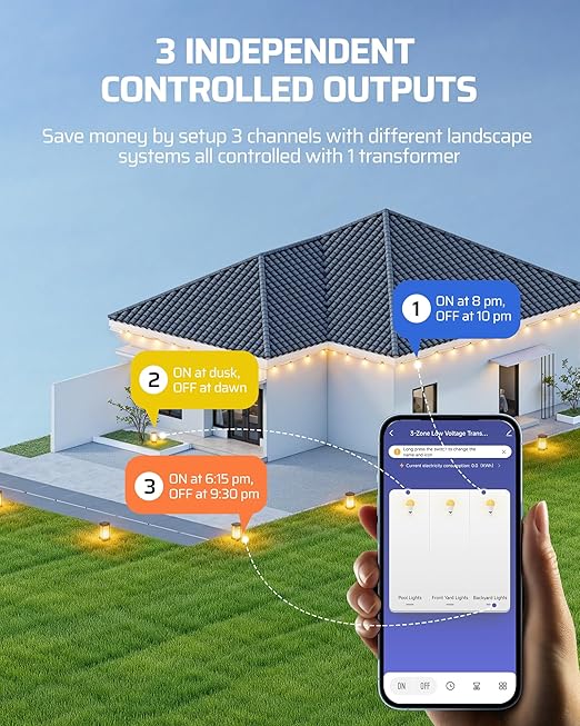 DEWENWILS Smart Low Voltage Landscape Transformer 200W, 3 Independent Outputs, 120V AC to 12V/14V AC, Landscape Lighting Transformer with Schedule & Timer, Compatible with Alexa & Google Assistant