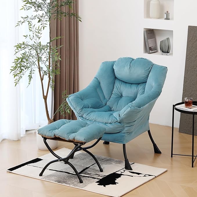 Lazy Chair with Ottoman, Modern Chair with Folding Footrest, Velvet Light Blue Accent Chair, Comfortable Reading Chair, Oversized Armchairs for Bedroom, Study, Living Room, Courtyard