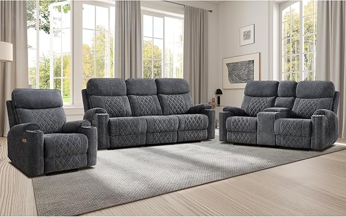 EBELLO Power Reclining Sofa Set, Fabric Electric Recliner Chair, Loveseat and 3 Seater Sofa Couch with Cup Holders, Charging Ports and Storage Space, 6 Seats for Small Living Room, Grey