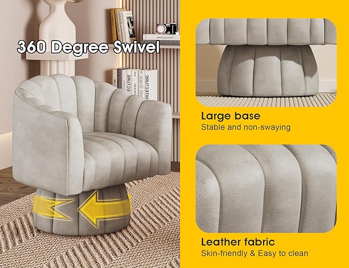 Modern 360 Degree Leather Swivel Cuddle Barrel Accent Sofa Chairs, Round Armchairs with Wide Upholstered, Leather Reading Chair for Living Room, Bedroom, Office, Waiting Rooms, (Dark Almond)
