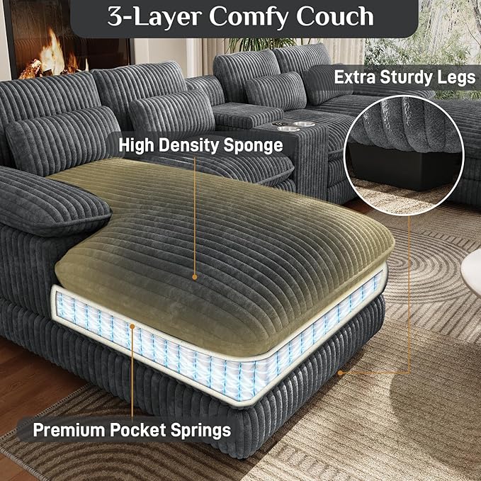 133" Oversized U Shaped Cloud Couch Modular Sectional Couches for Living Room Comfy Corduroy Deep Seat Sofa Set with Double Chaise Lounge, Storage Central Console, Cup Holders, USB Port, Dark Grey
