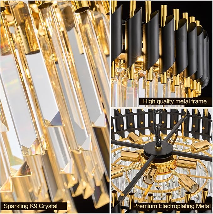 24" Modern Black and Gold Crystal Chandelier for Dining Room,5-Tier 8 Lights K9 Crystal Round Ceiling Light Fixture,Large Pendant Lighting Chandeliers for Living Room Entryway Foyer