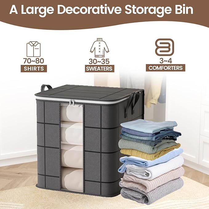 3 Pack 100 L Clothes Storage Bags, Collapsible Closet Organizers, Large Storage Bins with Reinforced Handles, Heavy-Duty Storage Totes for Clothes, Comforters, Blankets & Pillows (Black)