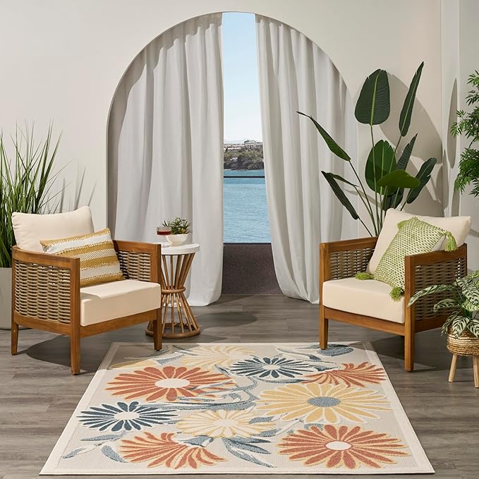Nourison Home Aloha Ivory Rose 3'6" x 5'6" Area Rug - Easy Clean, Non Shedding, Bed Room, Living Room, Dining Room, Kitchen (4' x 6')