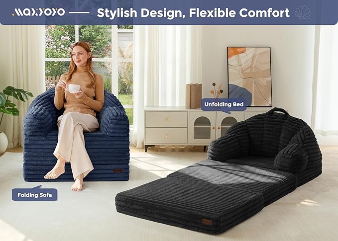 MAXYOYO Folding Sofa Bed, 2 in 1 Convertible Sofa to Lounger Comfy Faux Fur Bean Bag Chair for Adults, Floor Single Sleeper Couch Chair with Handle, Couch Bed for Living Room Bedroom, Navy