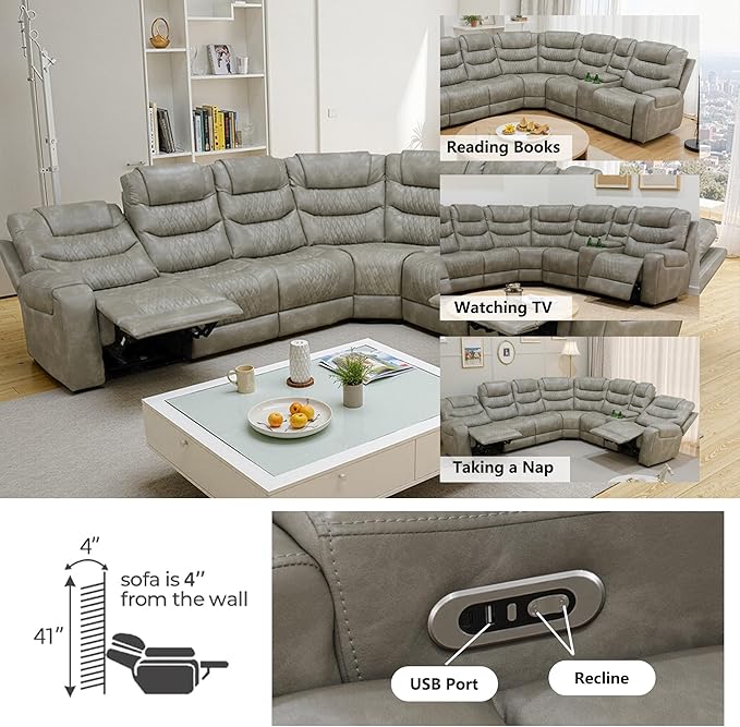 Power Recliner Sectional Sofa with LED Lighting, Breathing Leather Corner Couch with USB Port and Storage Console, Cup Holders– Home Theater & Living Room Seating(Grey)