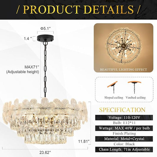 11 Lights Modern Crystal Chandelier 24" 6-Tier Black Luxury Flower Chandelier Light Fixture for Living Dining Room Kitchen Entryway Bedroom Foyer, E12
