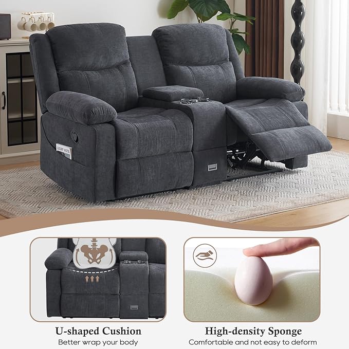 Loveseat Recliner Sofa, Manual Recliner Loveseat with Console, Modern Chenille Sofa Sleeper Deep Couches with Cup Holders and Side Pocket for Living Room/Office/Apartment (Grey) | Heating & Massage, Hidden Drawer