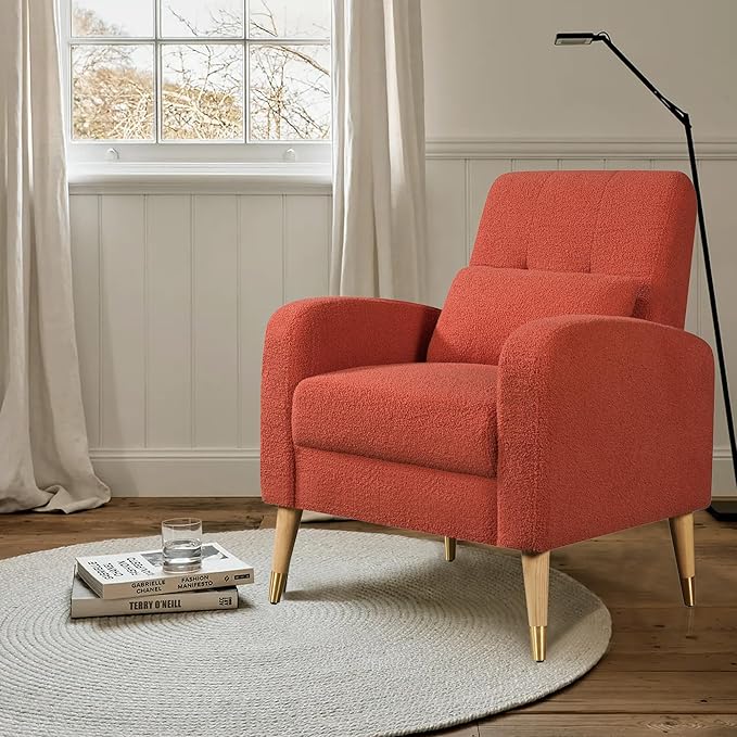 Dolonm Mid-Century Modern Accent Chair, Upholstered Armchair Living Room Chair, Comfy Single Sofa Chair with Sturdy Legs for Living Room Bedroom, Red