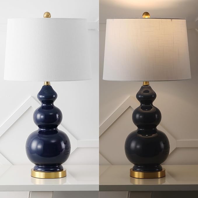 JONATHAN Y 27.5" Navy/Brass Gold Modern Ceramic Gourd Table Lamp for Living Room, Large Bedside Nightstand Lamp for Bedroom, White Linen Drum Shade, LED Bulb Included (JYL4023B)