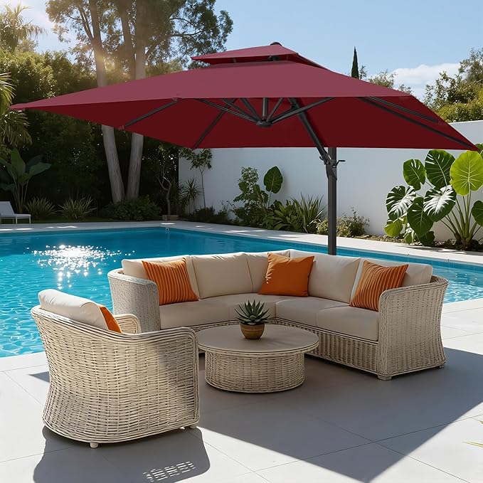 FLAME&SHADE 10x10 FT Cantilever Patio Umbrella - Aluminum Offset Umbrella with Tilt & 360-Degree Rotation, 3 Years Fade Resistance Fabric Large Patio Umbrella Outdoor for Deck Pool Garden - Burgundy