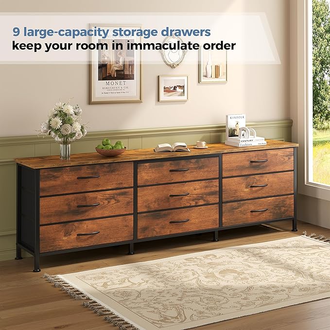 DUMOS TV Stands for Living Room Furniture with 9 Fabric Drawers, Long Entertainment Center Up to 75 Inch TV, Media Console Table with Storage for Bedroom, Adjustable Feet, Rust.