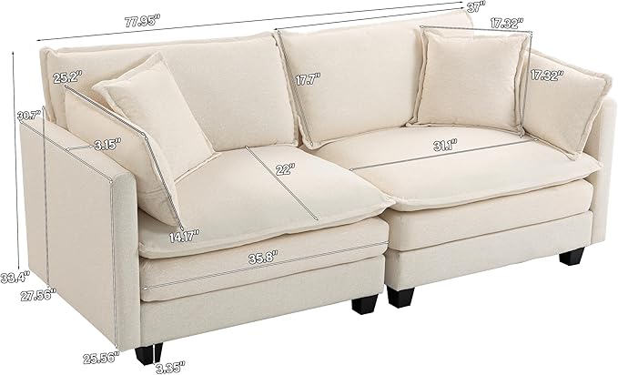 78'' Deep Seat Cloud Loveseat, Chenille Upholstered 2-Seats Modular Sectional Sofa Couch, Modern Comfy Settee Loveseat for Living Room Set, Small Apartment