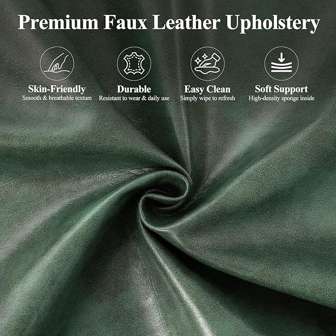 Mid-Century Modern Green Faux Leather Accent Chair, Upholstered Armchair for Living Room/Bedroom/Reading Corner, Curved Back & Padded Arms, High-Density Cushion, Metal Legs,Set of 2