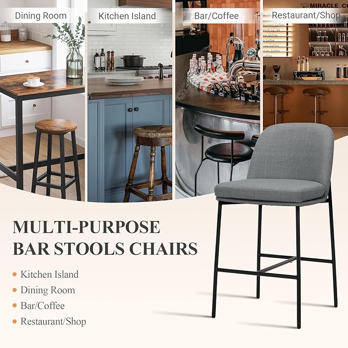 Bar Stools Set of 6, Modern Upholstered Counter Height Bar Chairs with Cushioned Seat and Curved Back, Fabric Kitchen Island Stools with Sturdy Metal Legs for Dining Room Island Bar, Dark Grey