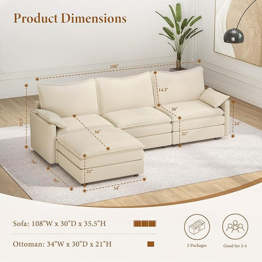 Vesgantti 108" Modular Sectional Sofa, Comfy Cloud Couch with Movable Ottoman Deep Seat Chenille L Shaped Modular Sofa, Sectional Couches for Living Room, Bedroom and Apartment, Beige White | Sink-in Comfort, Height Adjustable, Easy Rearrangement, Extr...