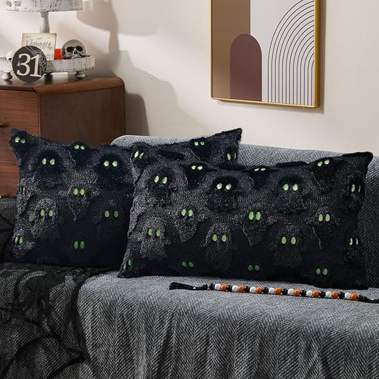 DFXSZ Halloween Pillow Covers 12x20 inch Set of 2 Black Ghost Throw Pillow Cases Soft Plush Faux Fur Wool Couch Cushion Case for Chair Sofa Bedroom Living Room Home Decor PTK03F12