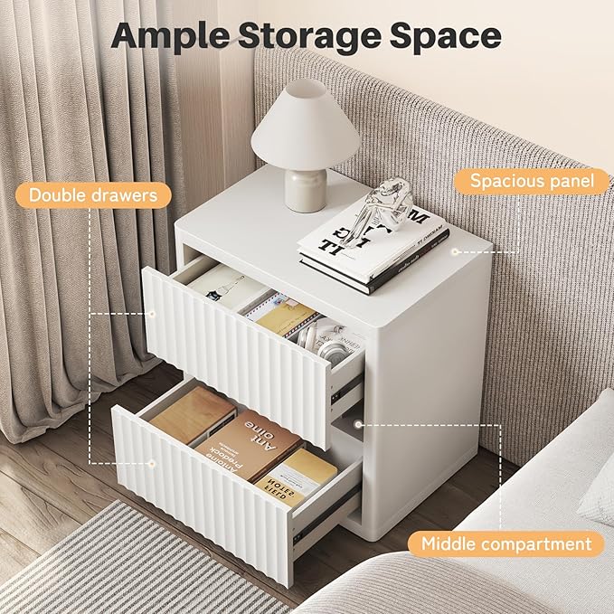 Dripex Fluted Nightstand Set of 2, 22'' Wide Night Stand with 2 Large Drawers, Mid Century Modern Wood Bedside Table with Open Shelf, Large Bed Side End Table for Bedroom, White