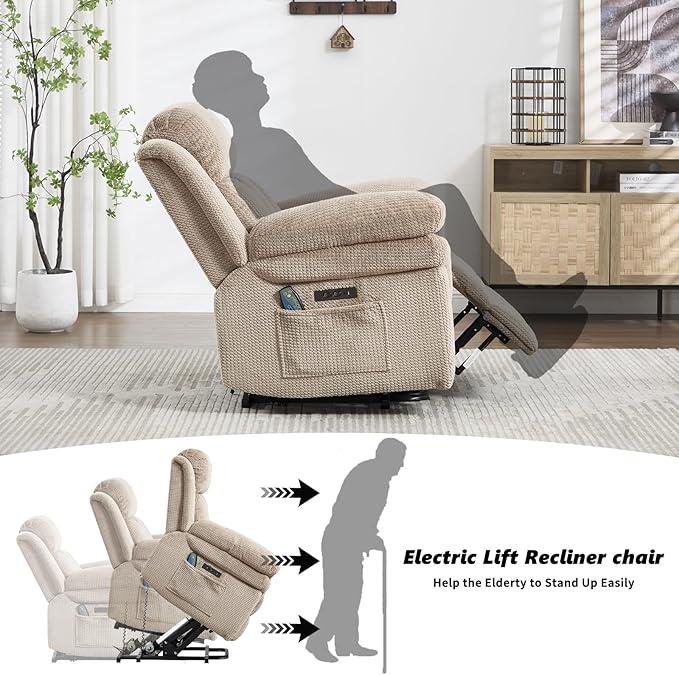 CANMOV Recliner Sofa Set,2 Oversize Power Lift Recliner Chair and Manual Loveseat with Overstuffed Armrest for Living Room,Bedroom Furniture,Office,1+1+2 Seat Light Brown